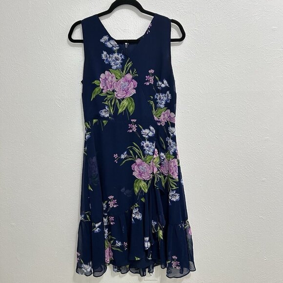 TALBOTS  GEORGETTE PAINTERLY SLEEVELESS NAVY BLUE FLORAL WRAP DRESS RUFFLE 10P - Picture 1 of 12
